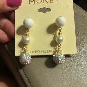 Monet Gold and White Dangle Earrings